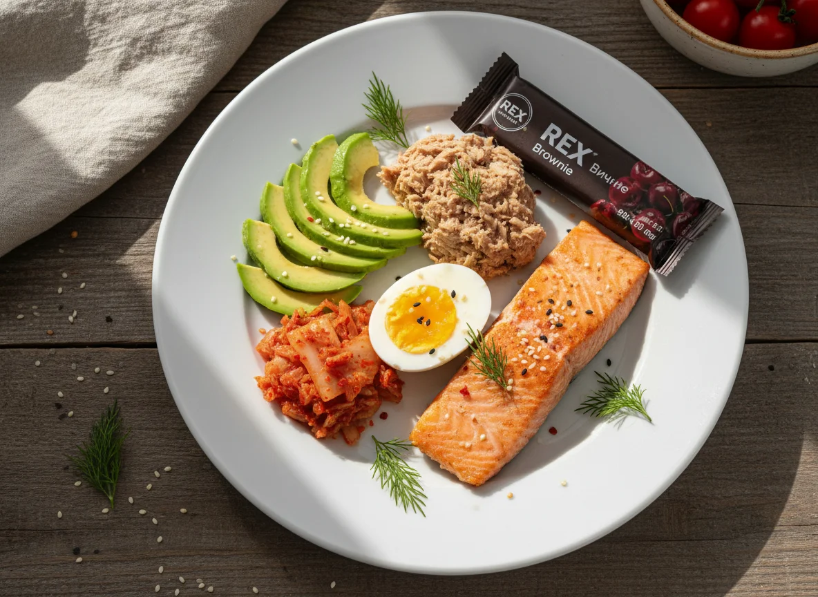 Сбалансированный завтрак с лососем и авокадо photo