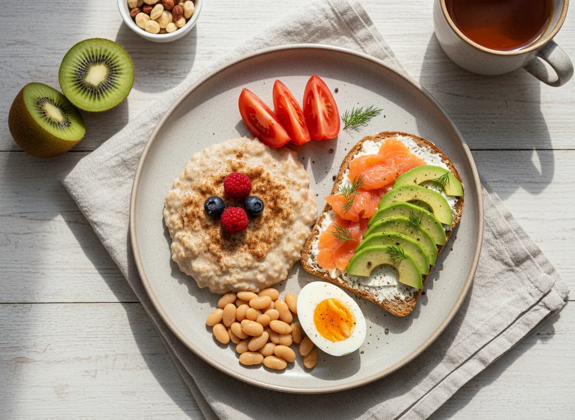 Сбалансированный завтрак с тостом, яйцами и овощами photo