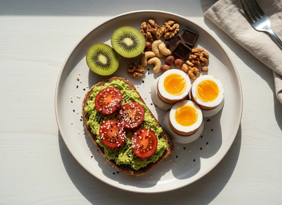 Сбалансированный завтрак с тостом из авокадо, яйцами и фруктами photo