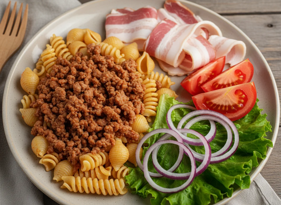 Сборная тарелка с мясом, пастой и овощами photo