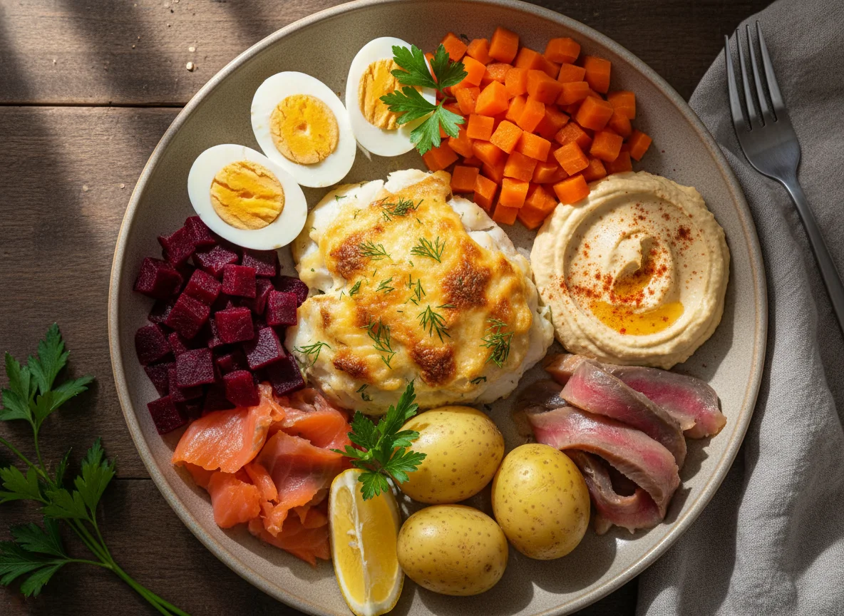 Сборная тарелка с рыбой и гарнирами photo