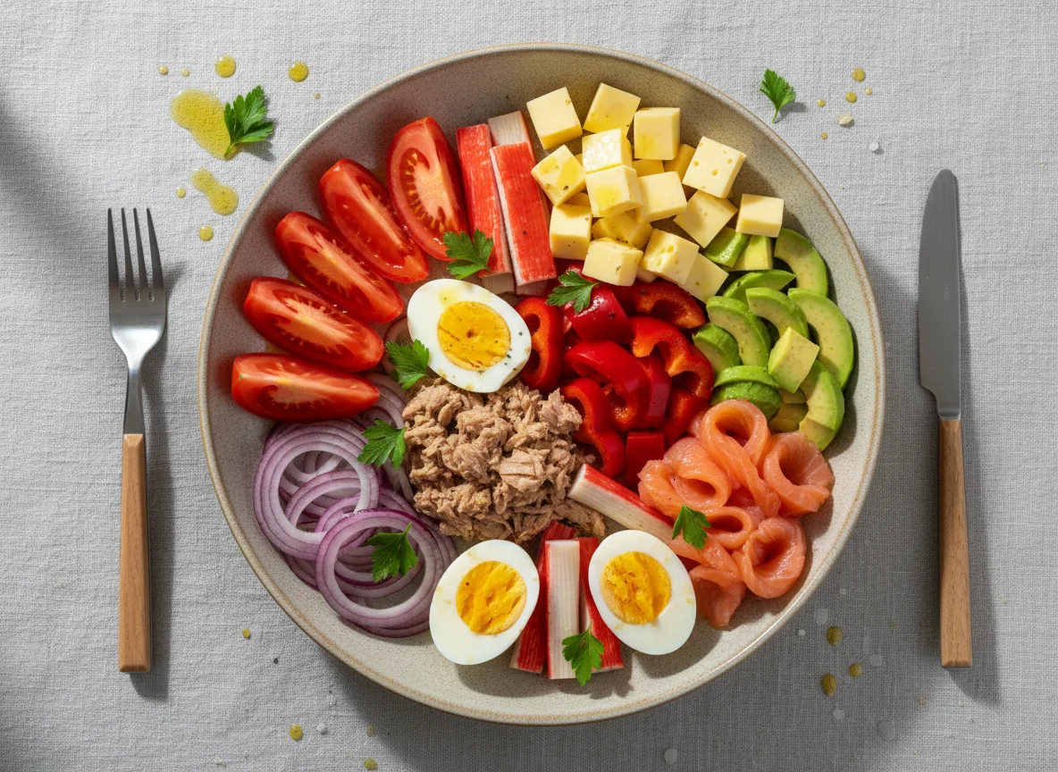 Сборная тарелка с тунцом и овощами photo