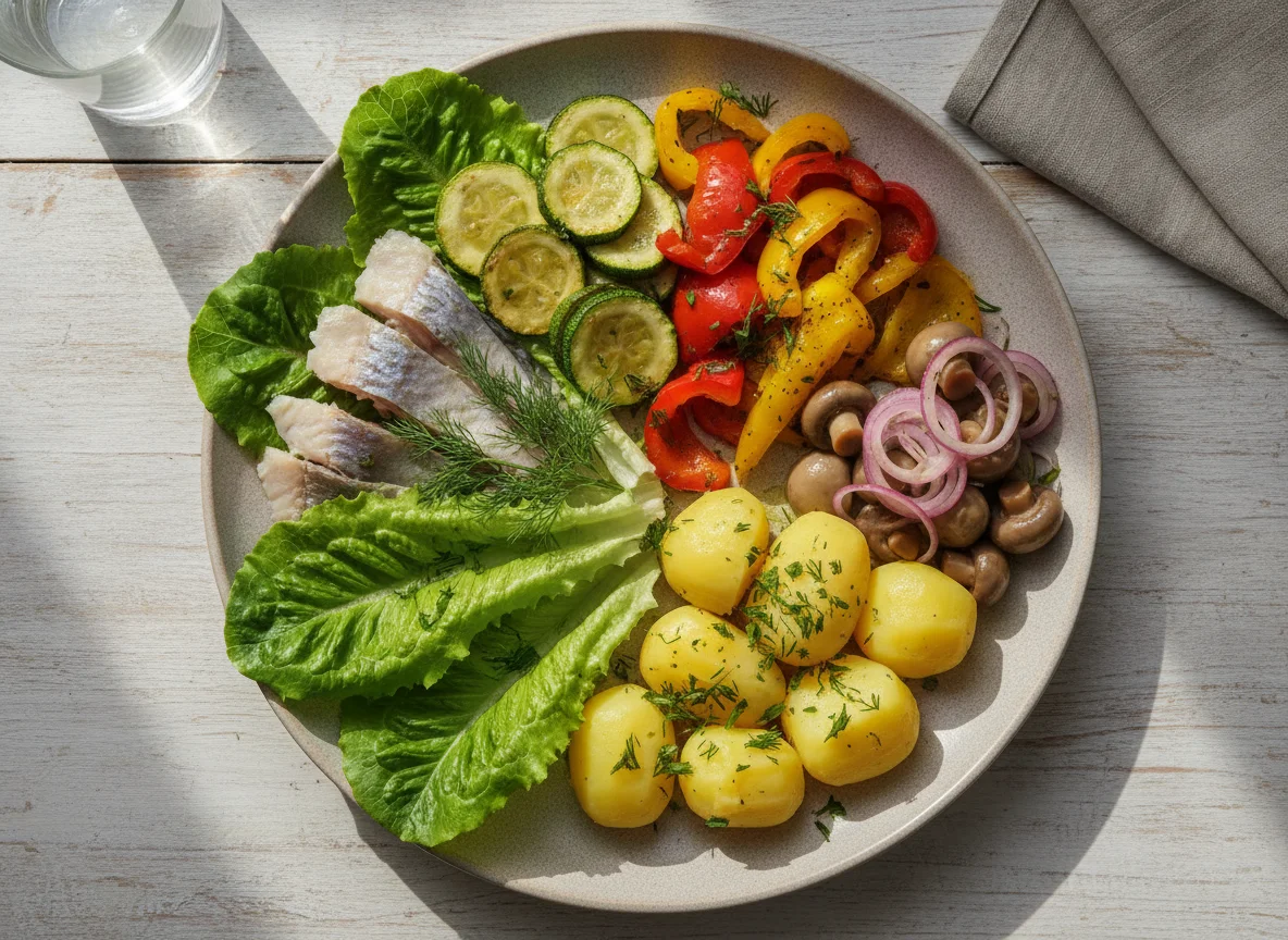 Сборное блюдо с рыбой, грибами и овощами photo