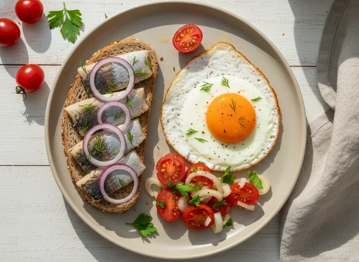 Сельдь на хлебе и яичница с овощами photo