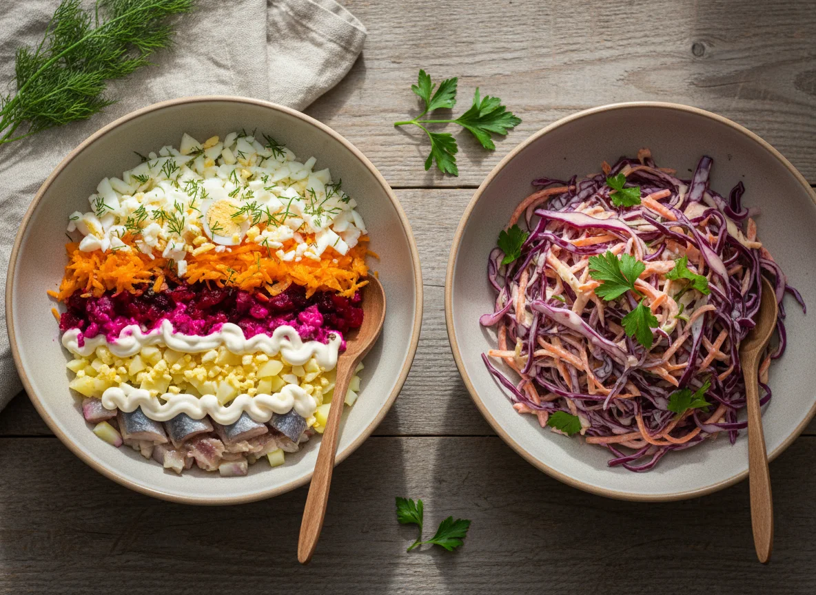 Сельдь под шубой и салат из краснокочанной капусты photo