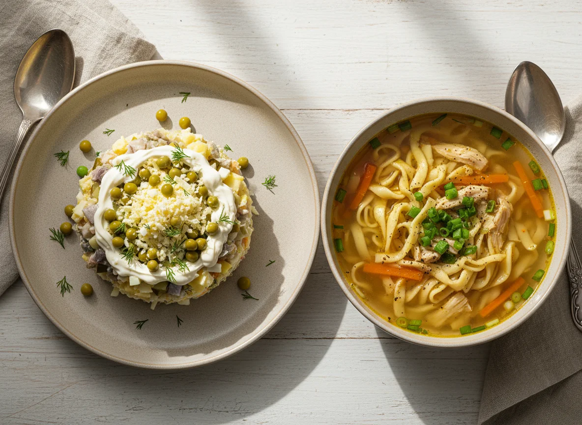 Сельдь под шубой и суп с лапшой photo