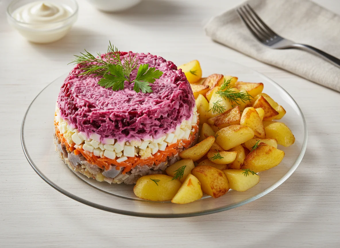 Сельдь под шубой с жареным картофелем photo