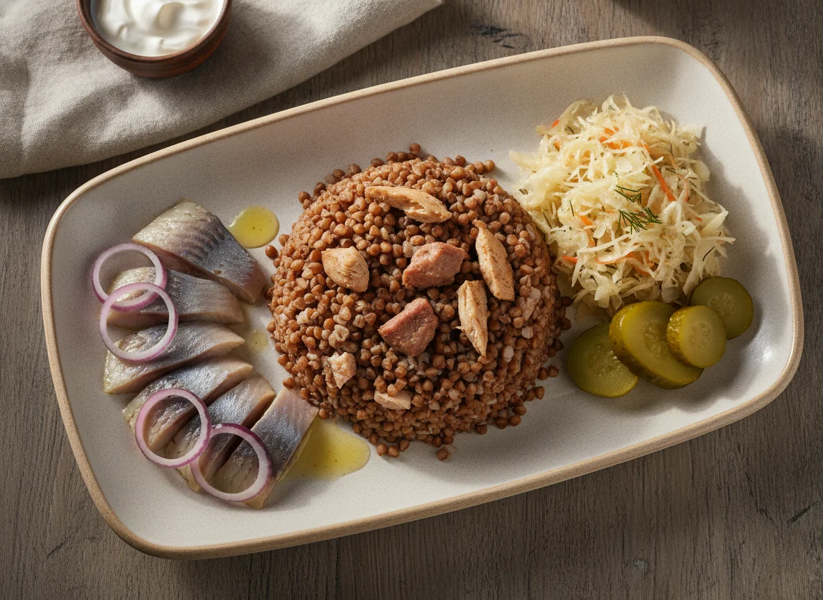 Сельдь с гречкой и квашеной капустой photo