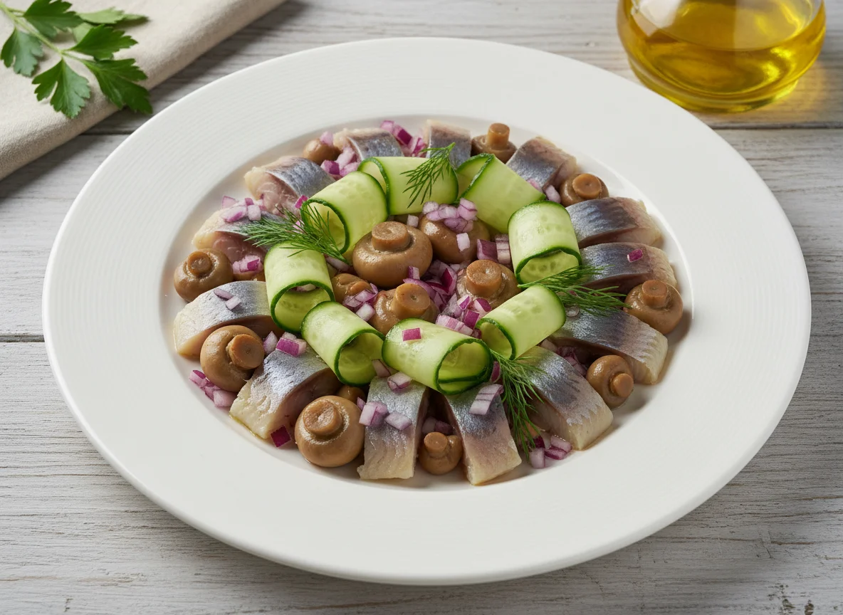 Сельдь с грибами и огурцами photo