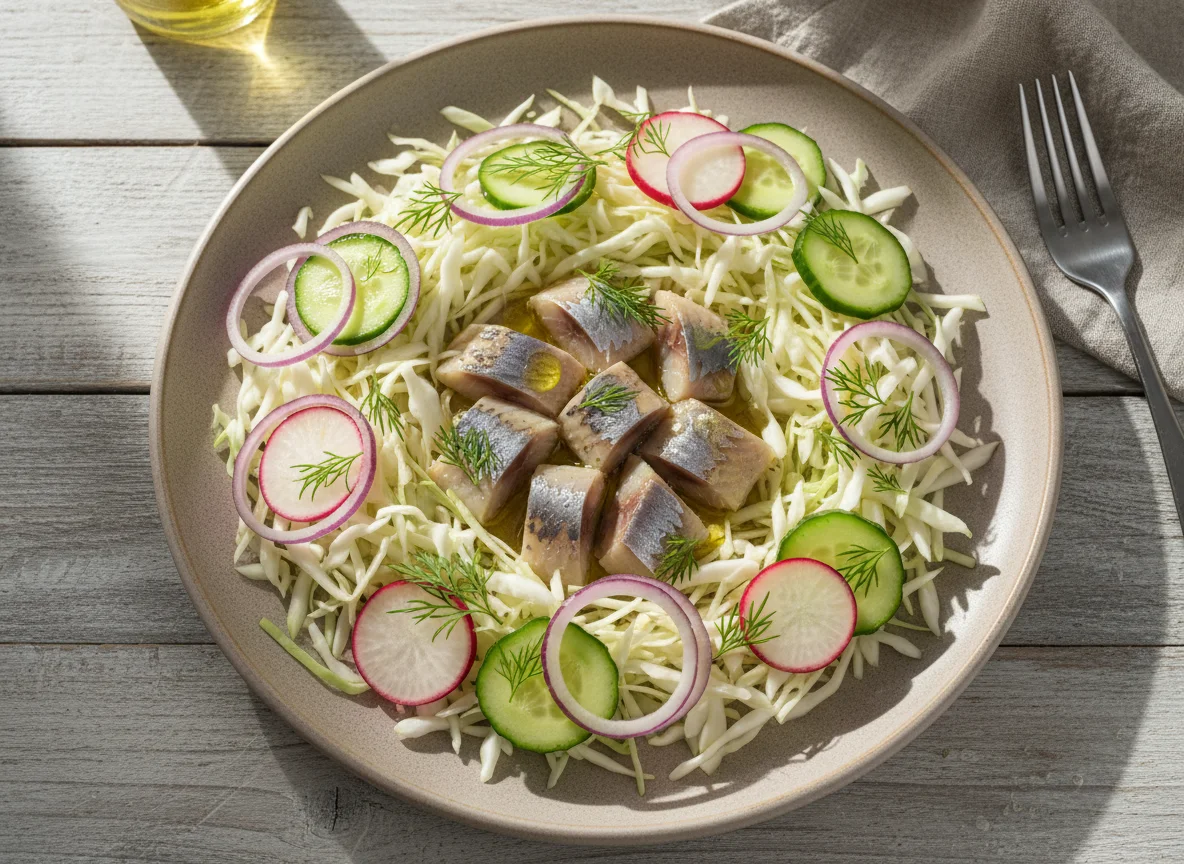 Сельдь с капустой и овощным салатом photo