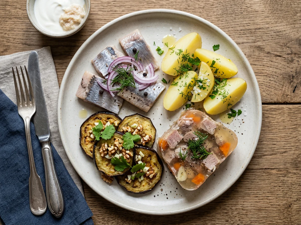 Сельдь с картофелем, баклажанами и холодцом photo