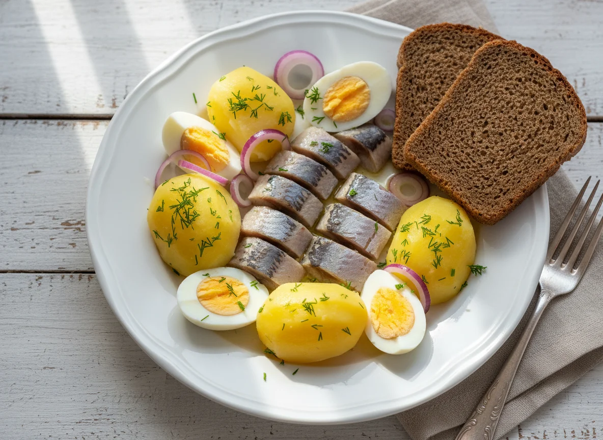 Сельдь с картофелем и черным хлебом photo