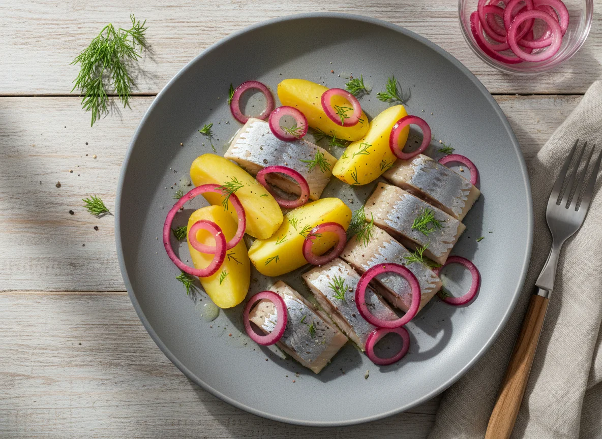 Сельдь с картофелем и маринованным красным луком photo