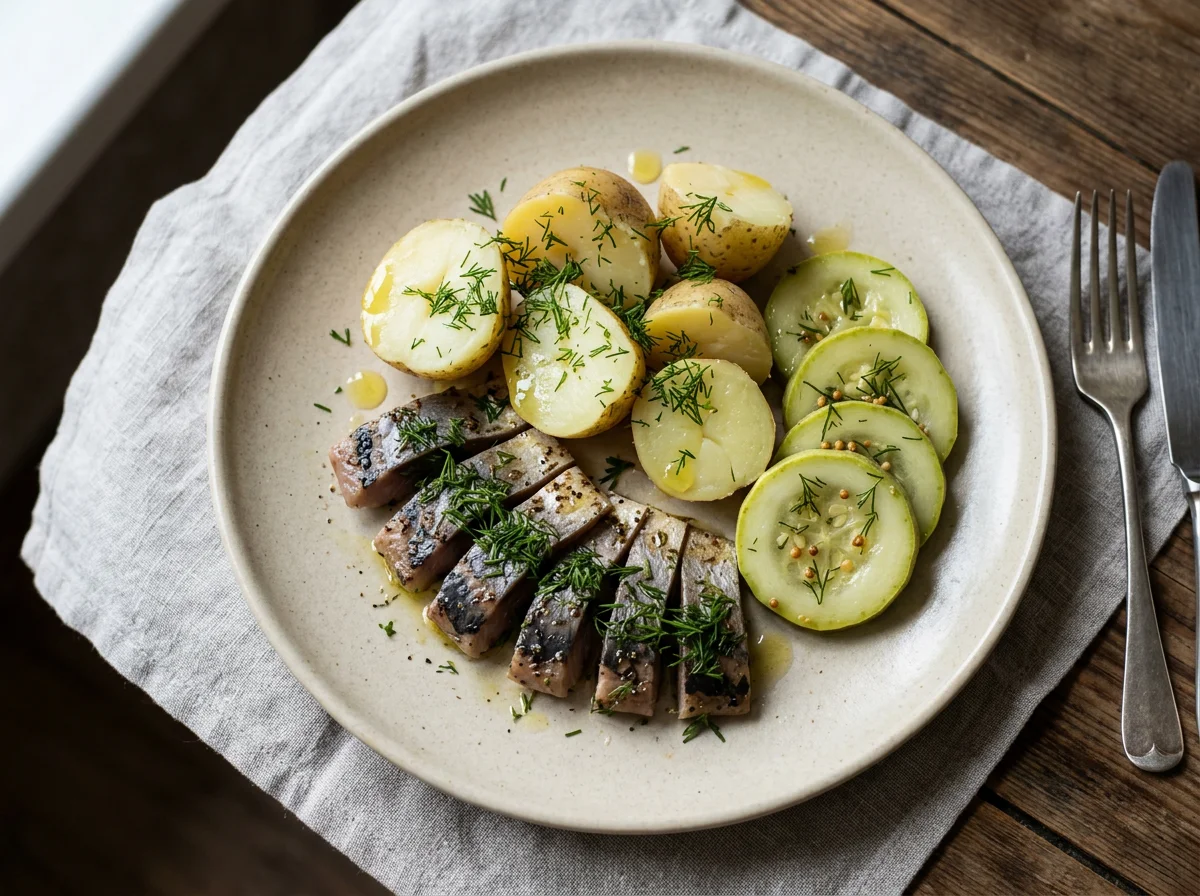 Сельдь с картофелем и маринованными кабачками photo