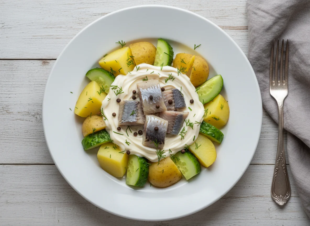 Сельдь с картофелем и огурцами photo