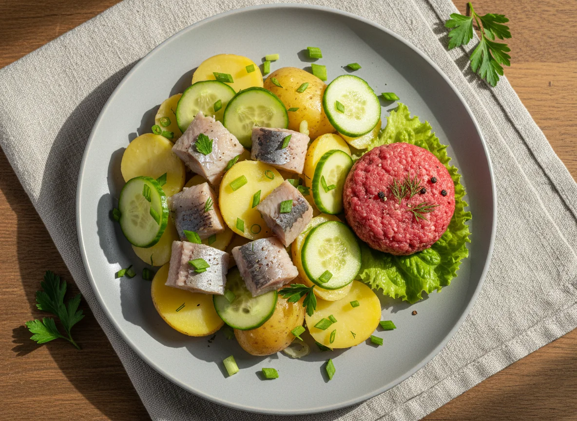 Сельдь с картофелем и огурцом photo