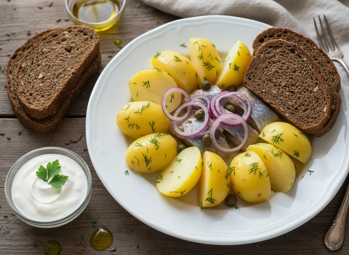 Сельдь с картофелем и ржаным хлебом photo