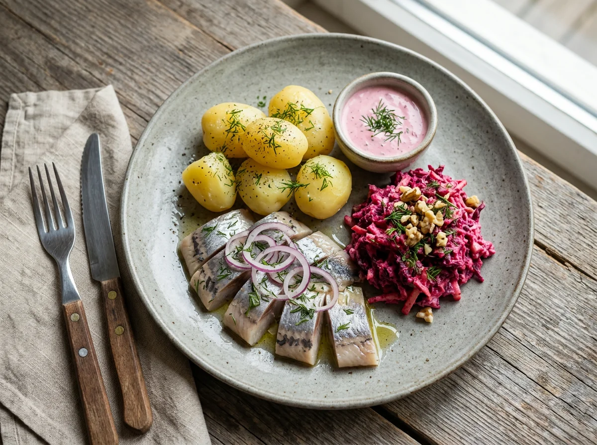 Сельдь с картофелем и свекольным салатом photo