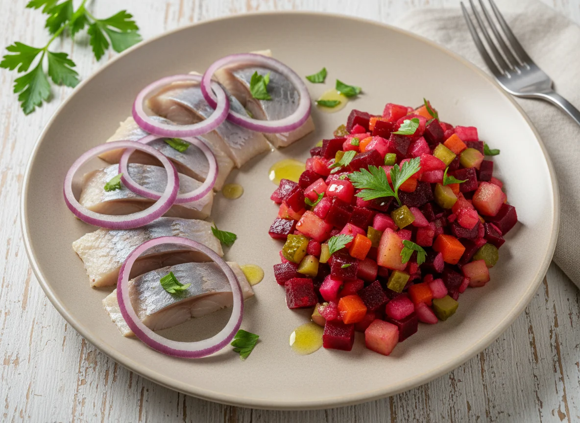 Сельдь с луком и винегрет photo