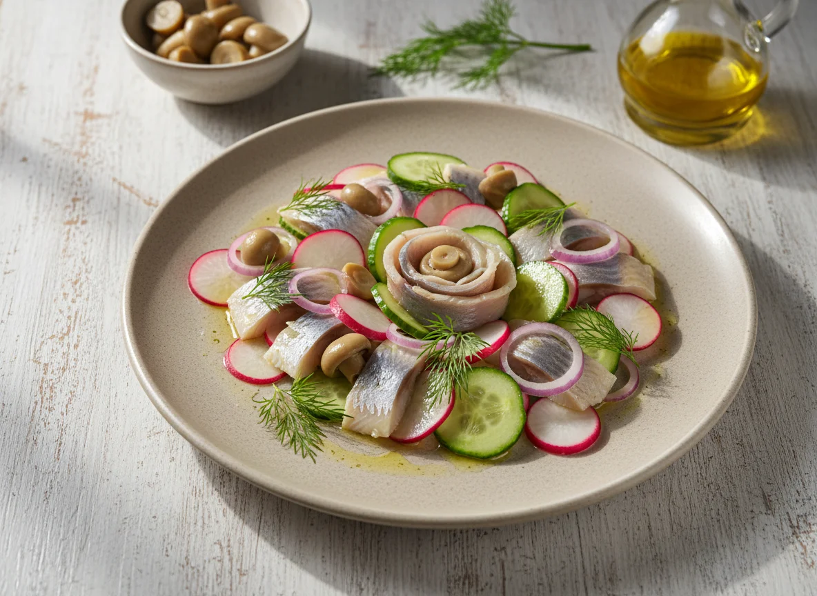 Сельдь с маринованными грибами и овощами photo