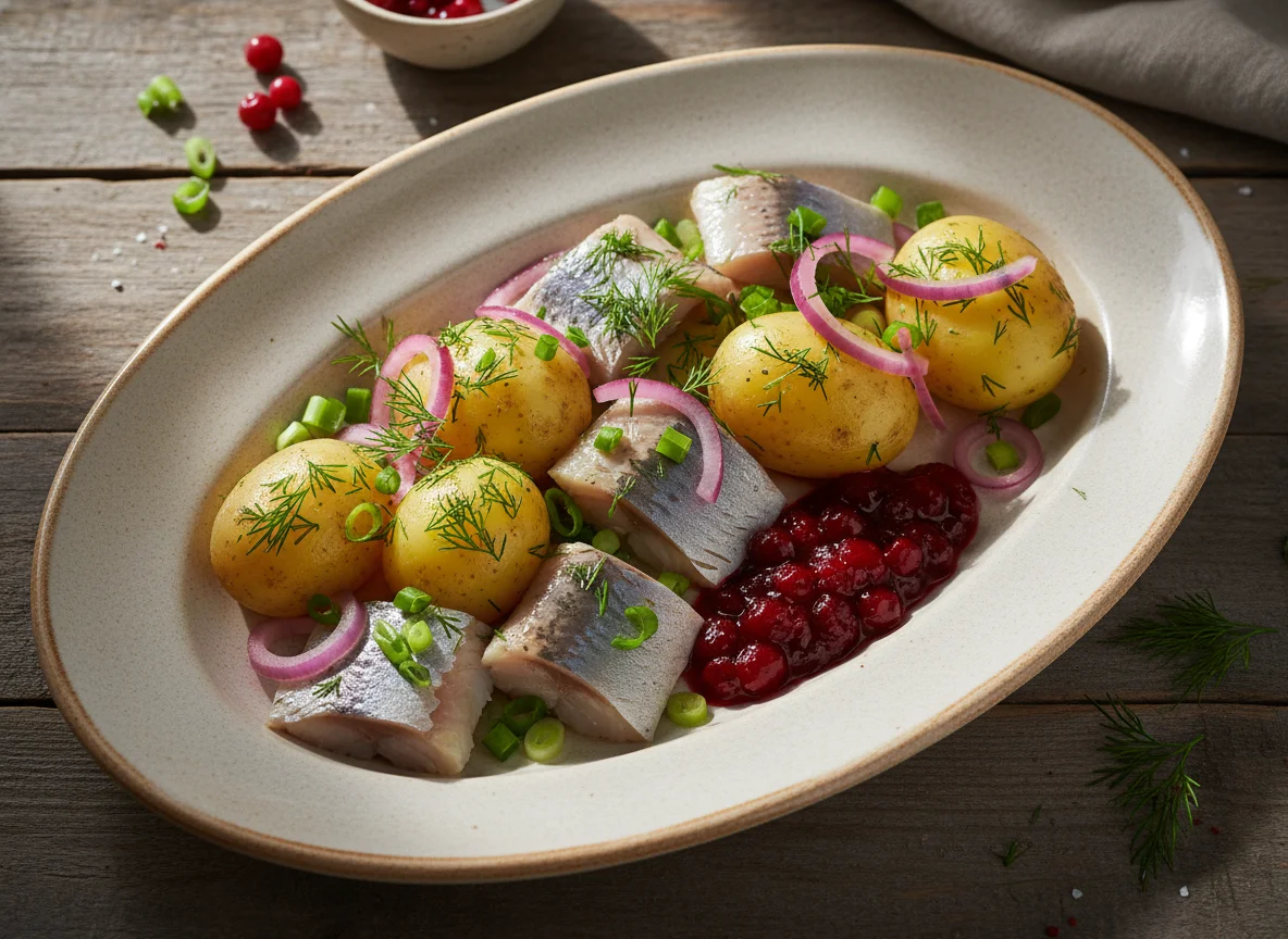 Сельдь с молодым картофелем и брусничным соусом photo