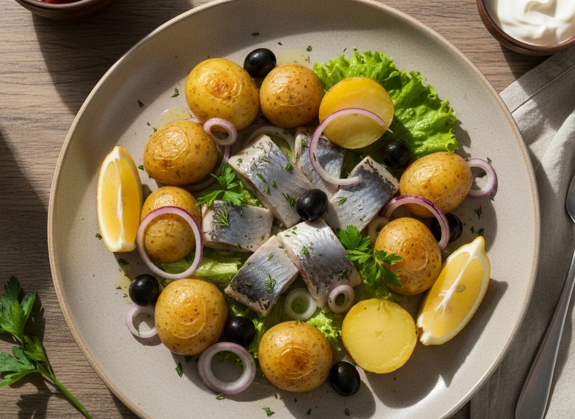 Сельдь с молодым картофелем и закусками photo
