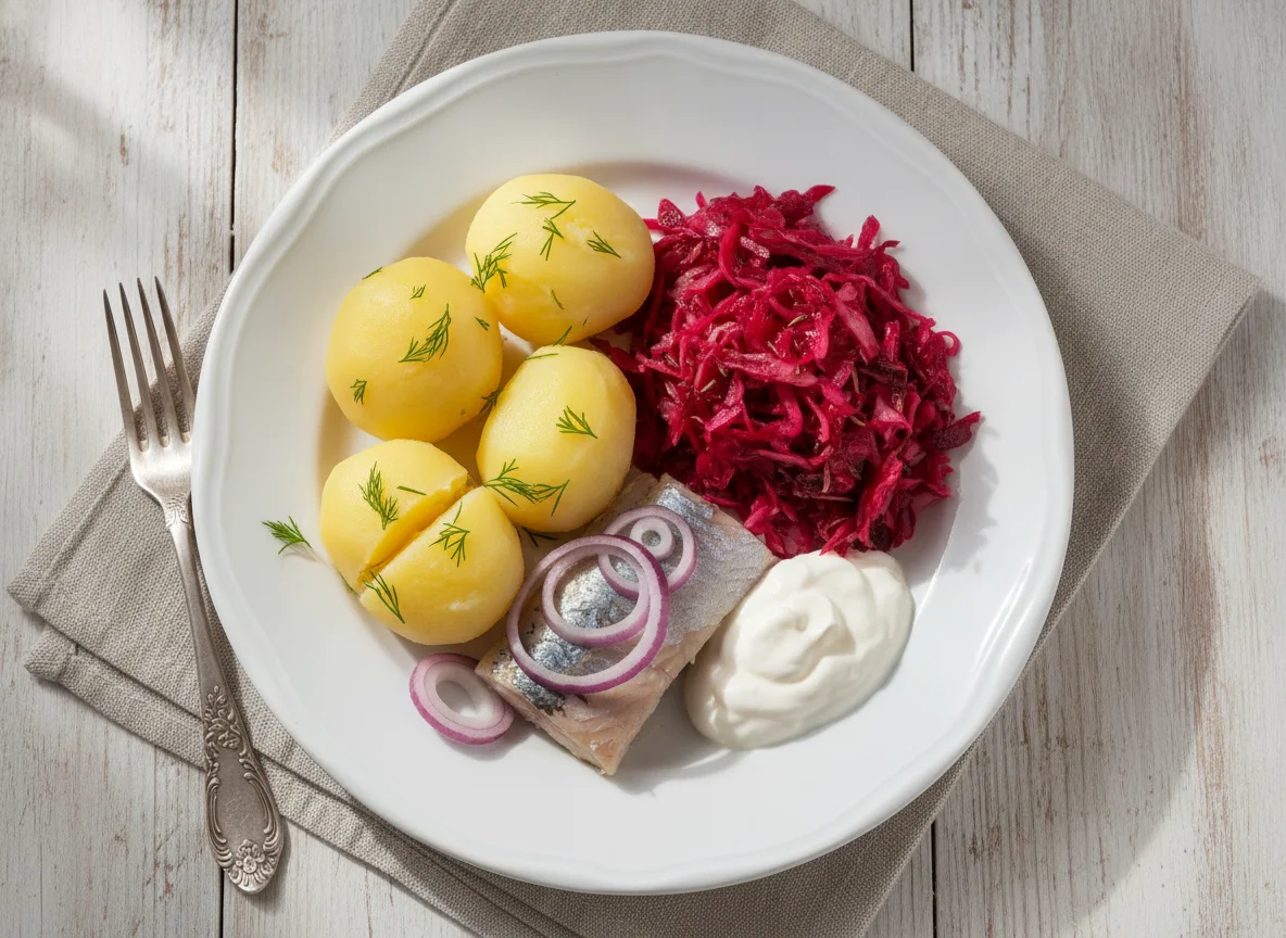 Сельдь с отварным картофелем и квашеной капустой photo
