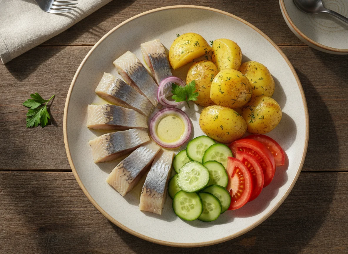 Сельдь с отварным картофелем и овощами photo