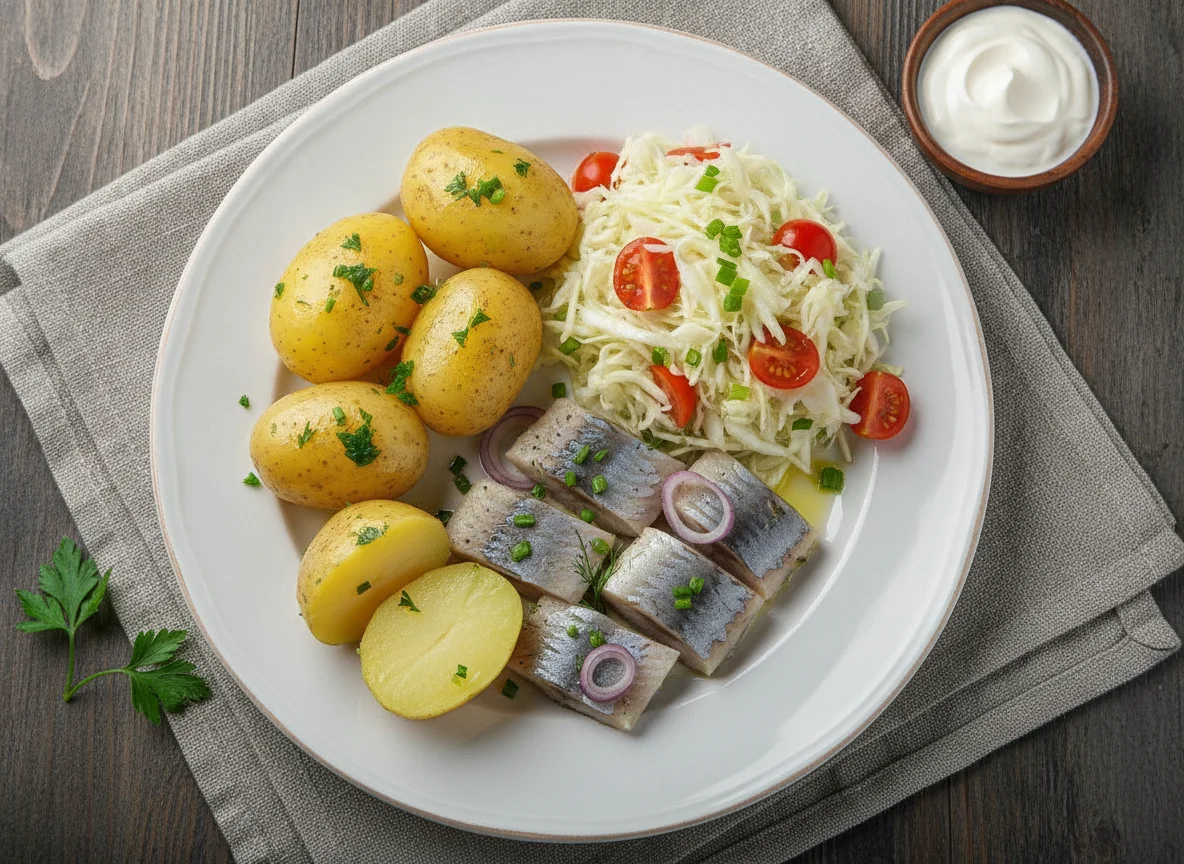 Сельдь с отварным картофелем и салатом из капусты photo