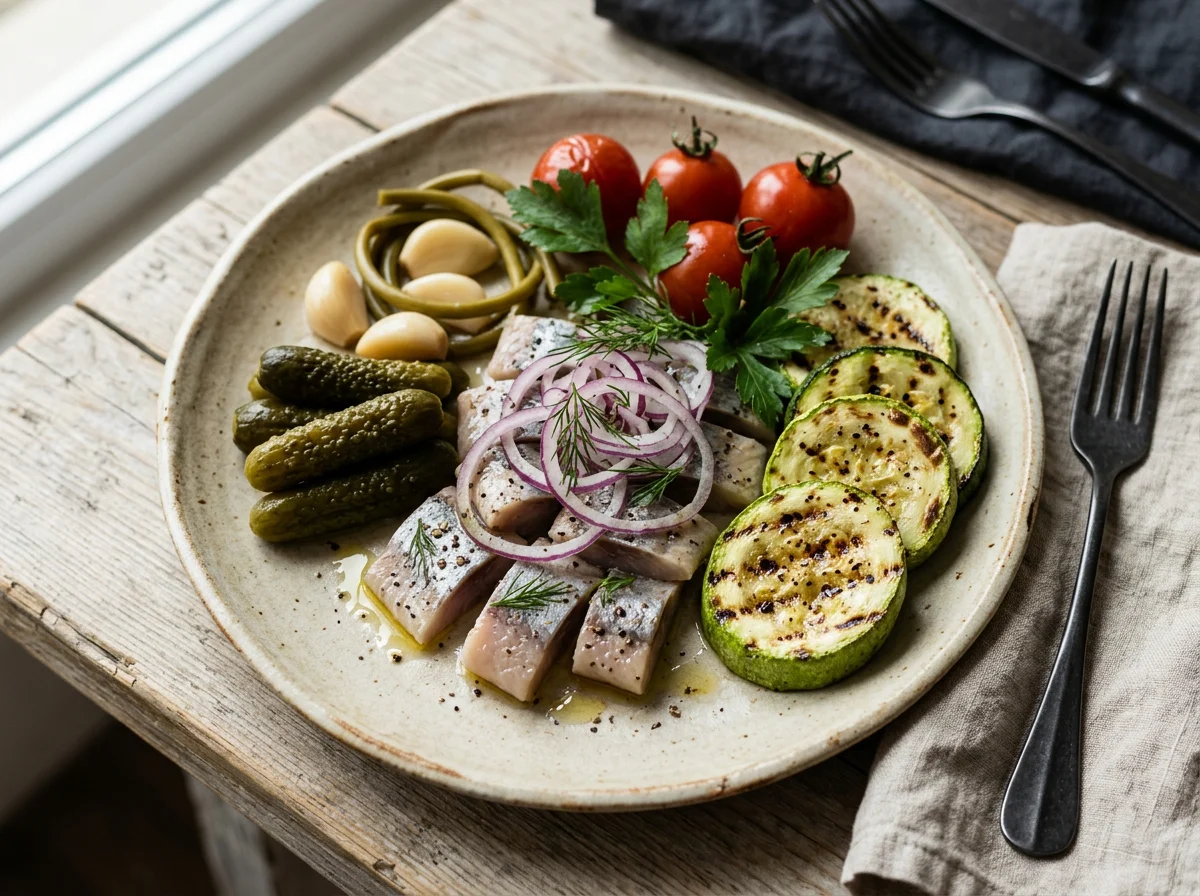 Сельдь с овощами гриль и соленьями photo