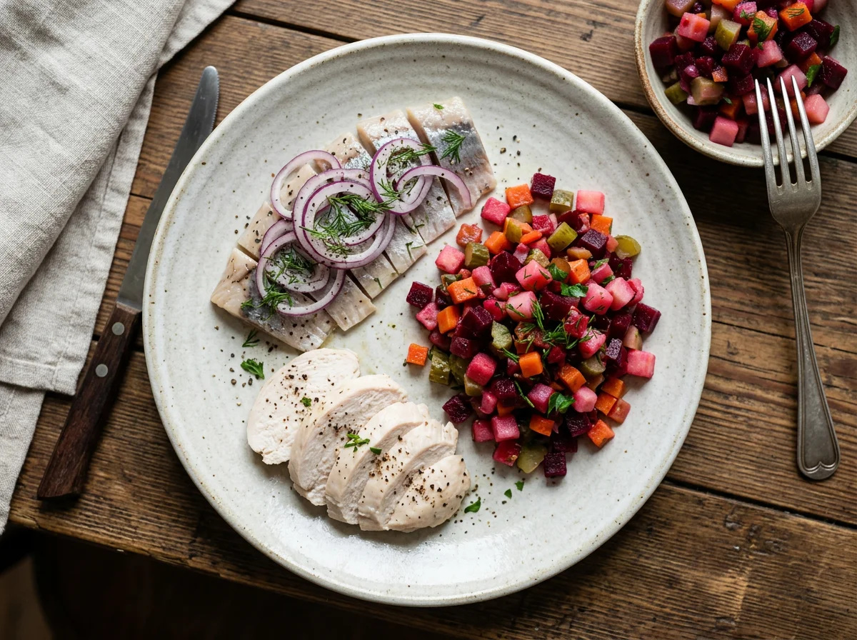 Сельдь с винегретом и куриной грудкой photo