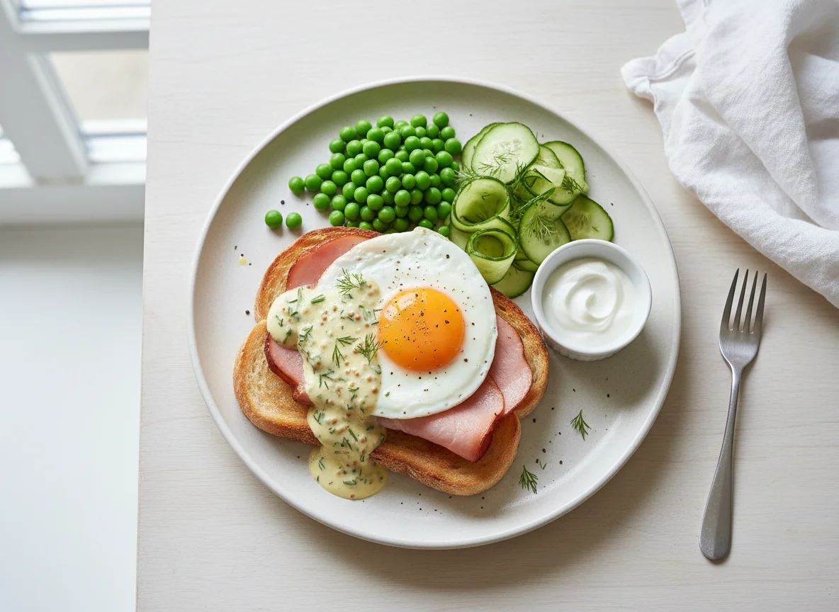 Сэндвич с яйцом, ветчиной и соусом, с гарниром из горошка и огурцов photo
