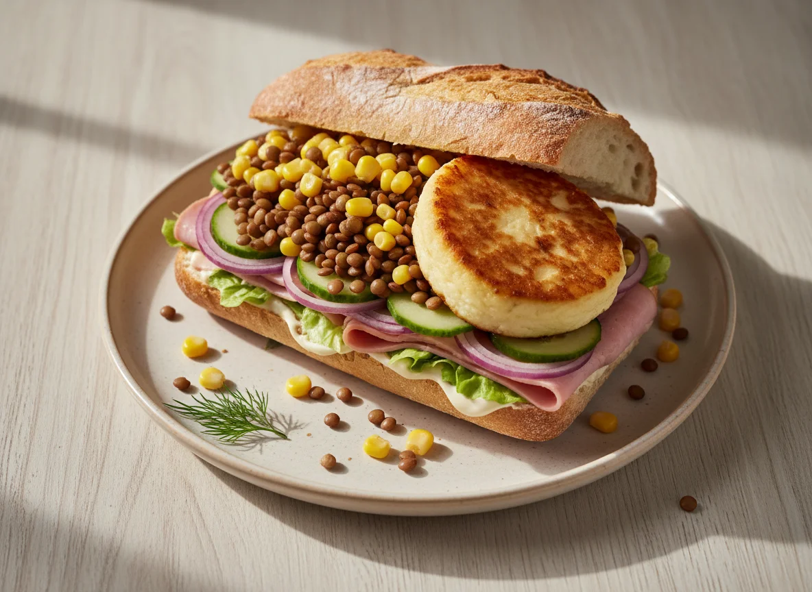 Сэндвич с чечевицей, кукурузой и сырником photo