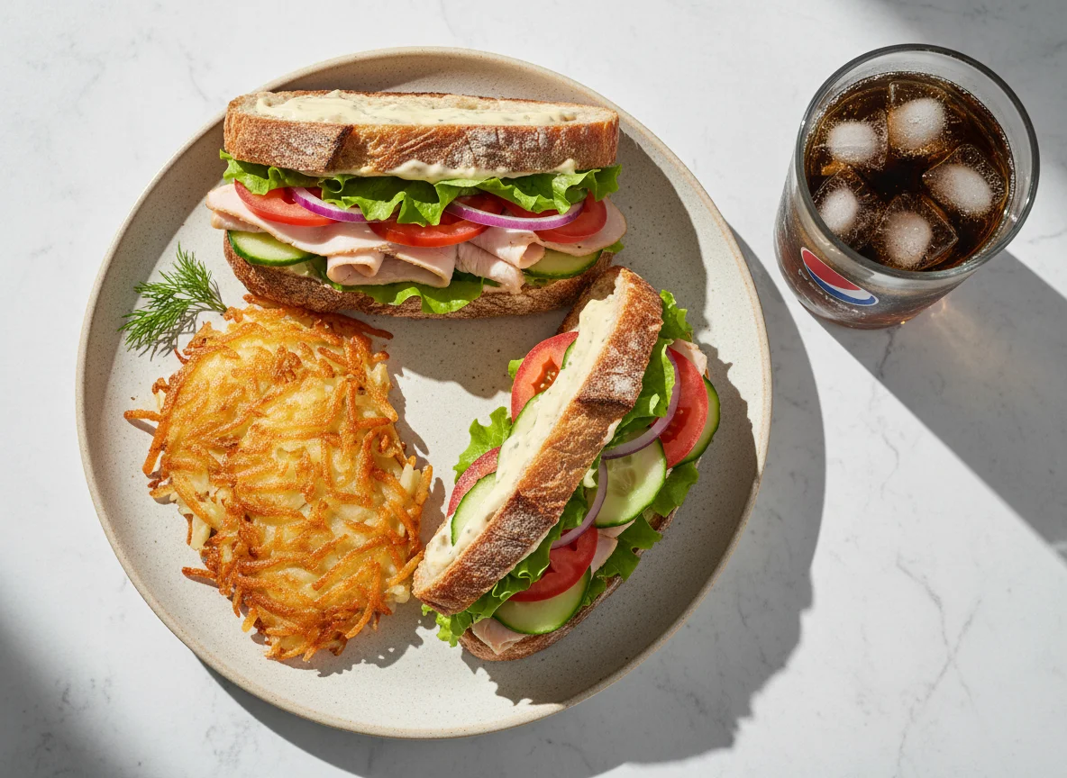 Сэндвич с индейкой, хашбрауны и Пепси photo