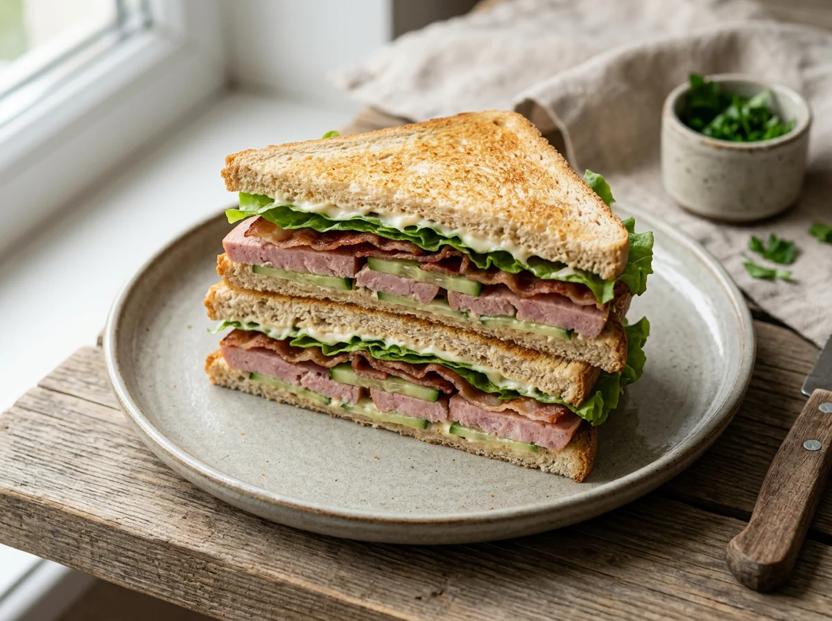 Сэндвич с колбасой, беконом и огурцом photo