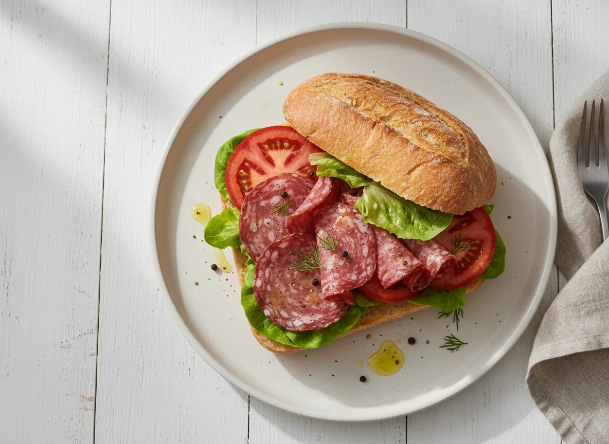 Сэндвич с колбасой и овощами photo