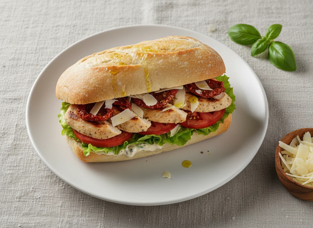 Сэндвич с куриной грудкой на белой чиабатте photo