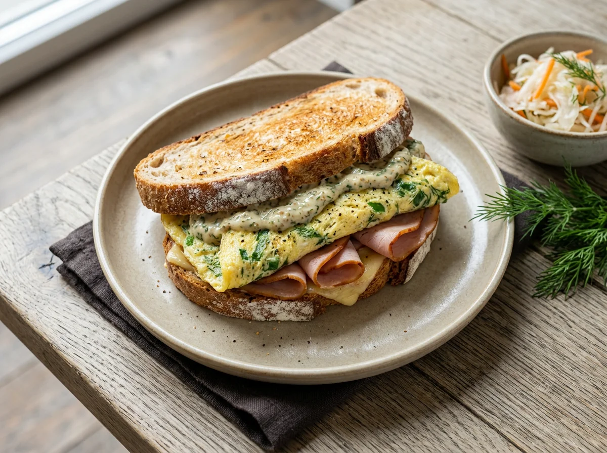 Сэндвич с омлетом и ветчиной из индейки photo