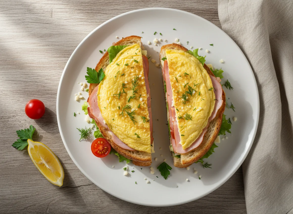 Сэндвич с омлетом и ветчиной photo