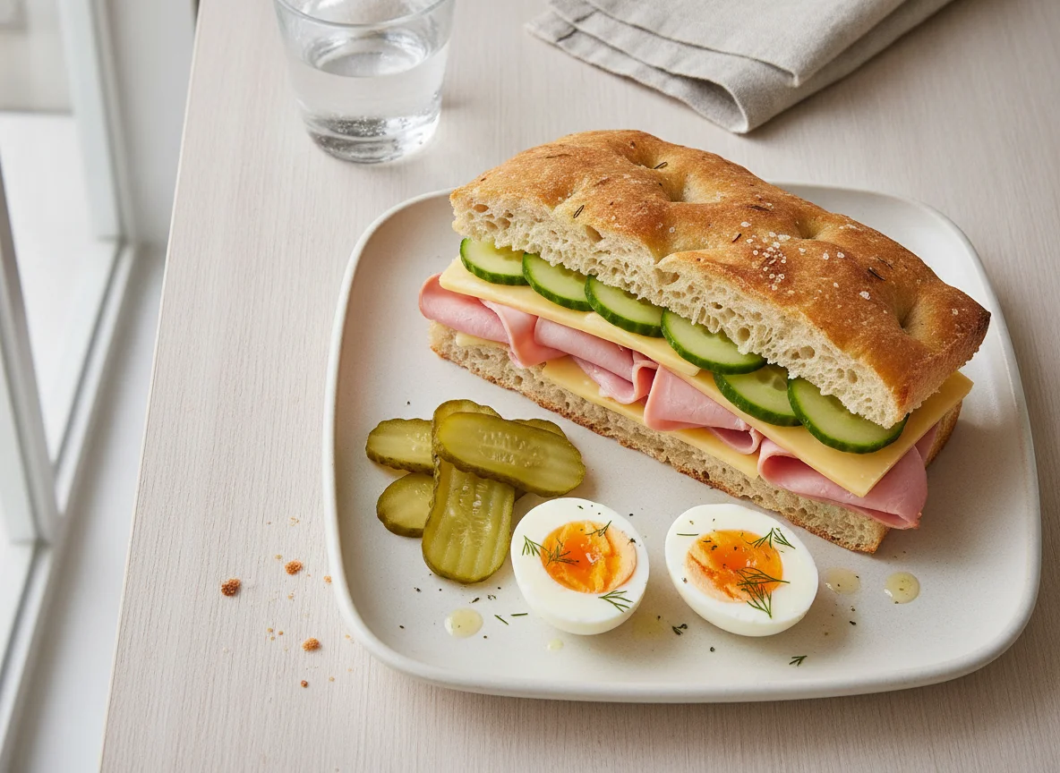 Сэндвич с ветчиной и сыром, огурцы и яйца photo