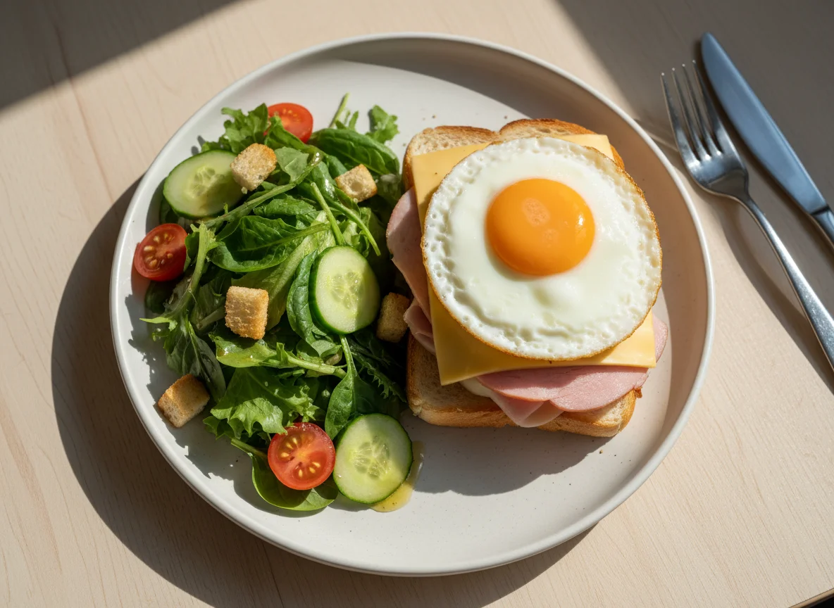 Сэндвич с ветчиной и сыром с яичницей и гарниром из салата photo