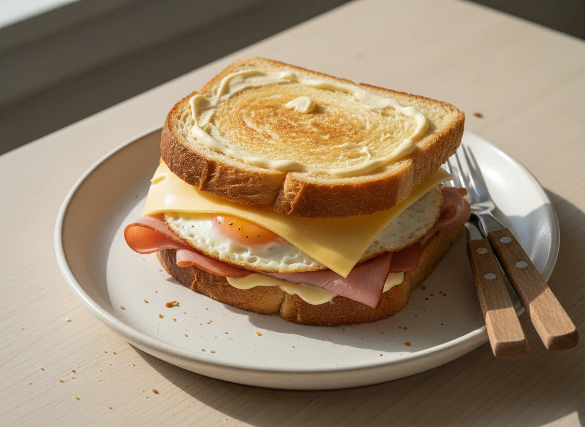 Сэндвич с ветчиной, сыром и яйцом photo