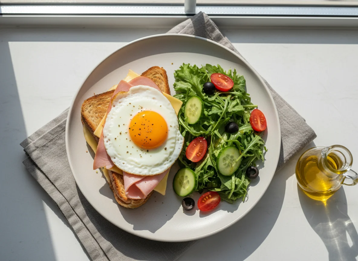 Сэндвич с ветчиной, сыром и яйцом с гарниром из салата photo