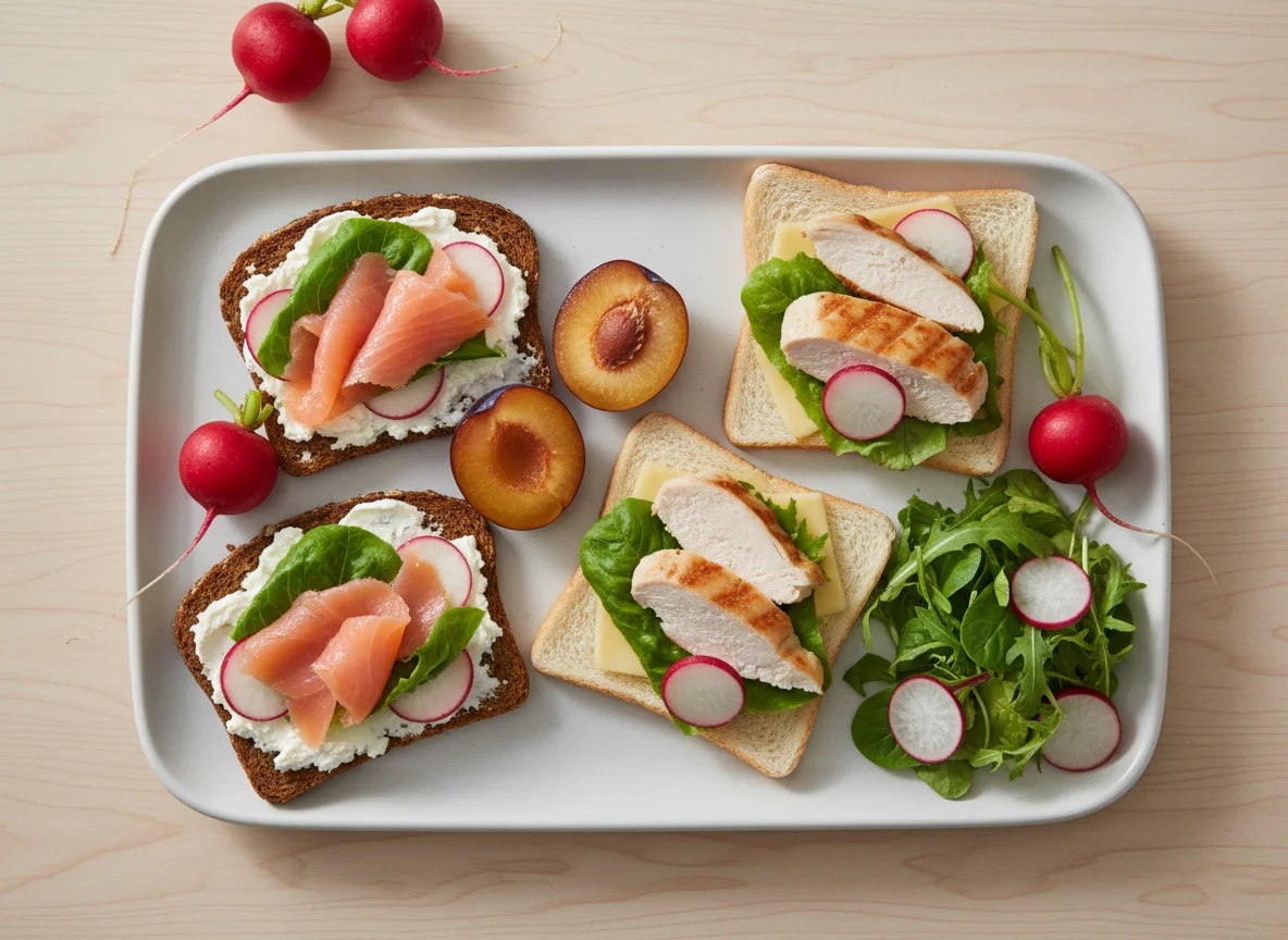 Сэндвичи с лососем и сыром, салат, редис и сливы photo