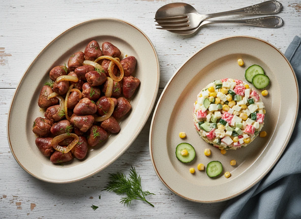 Сердечки тушёные с луком и крабовый салат photo