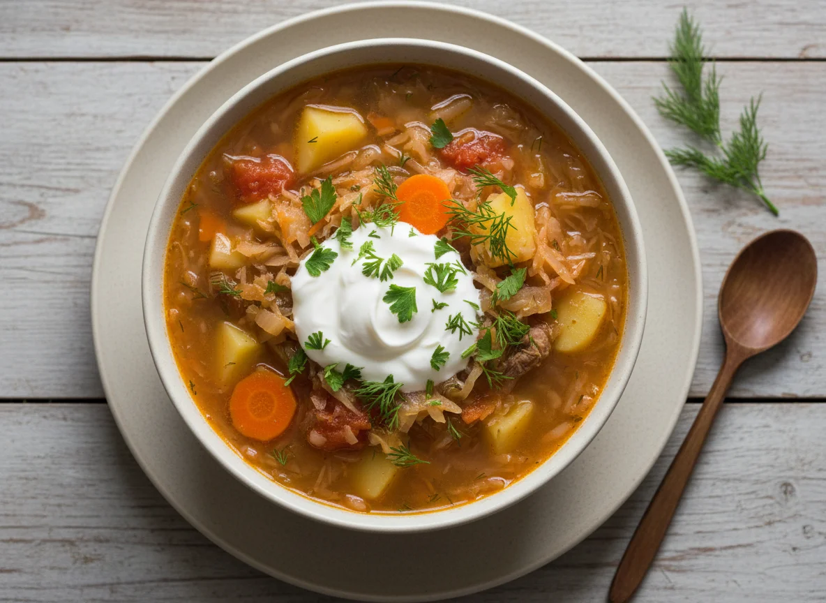 Щи с капустой и картошкой со сметаной photo