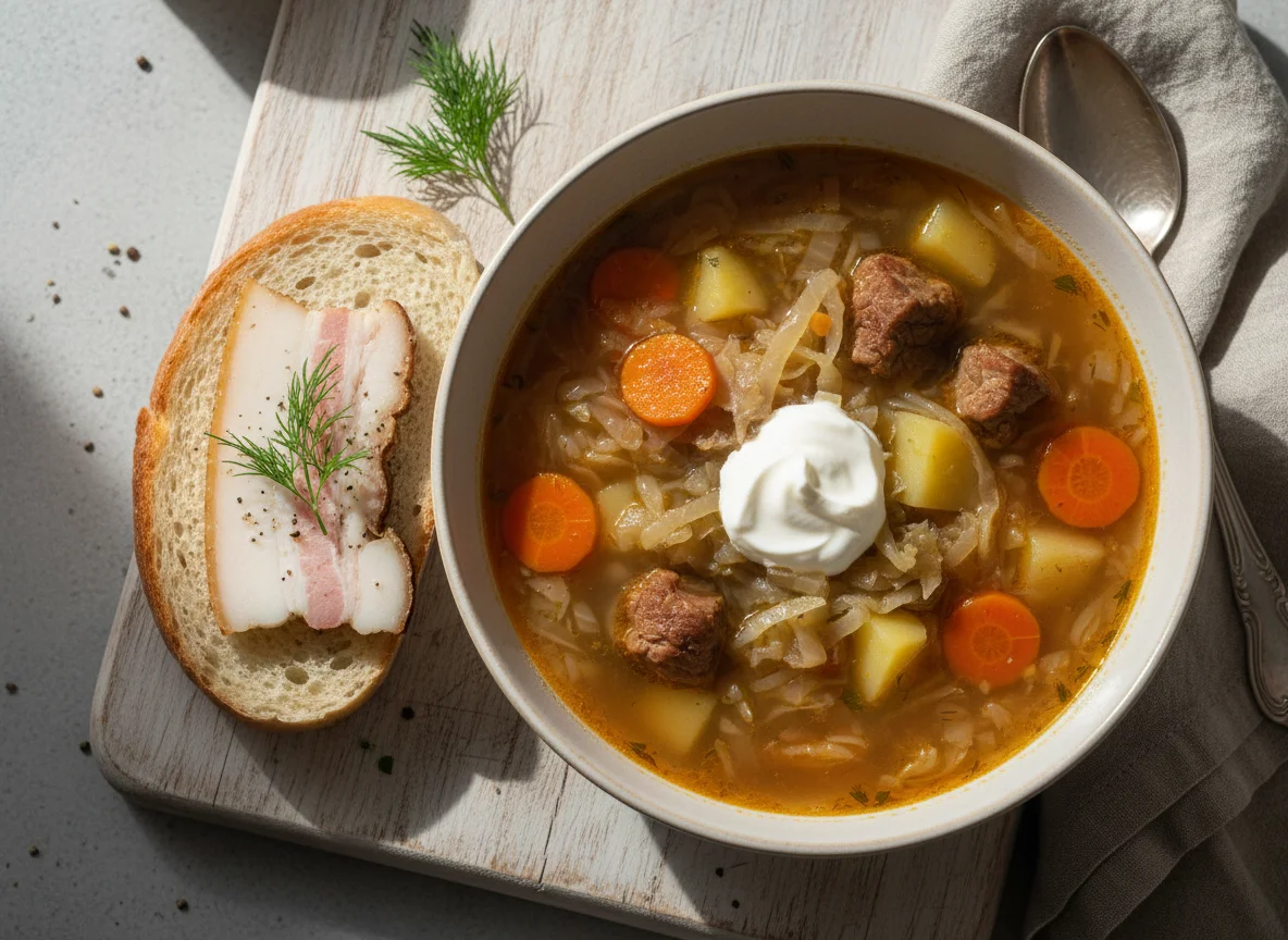 Щи с мясом и хлеб с салом photo