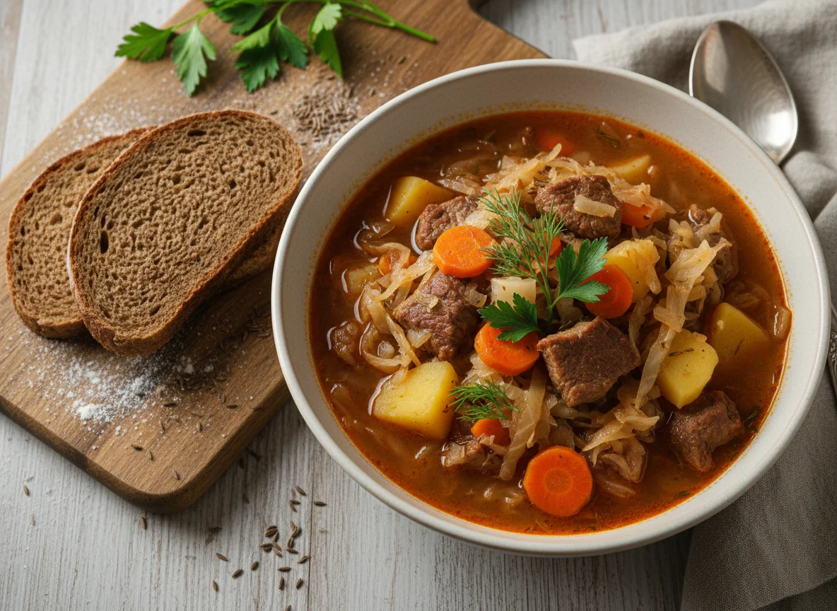 Щи с мясом и хлебом photo