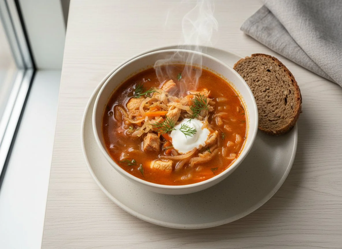 Щи с мясом и ржаным хлебом photo