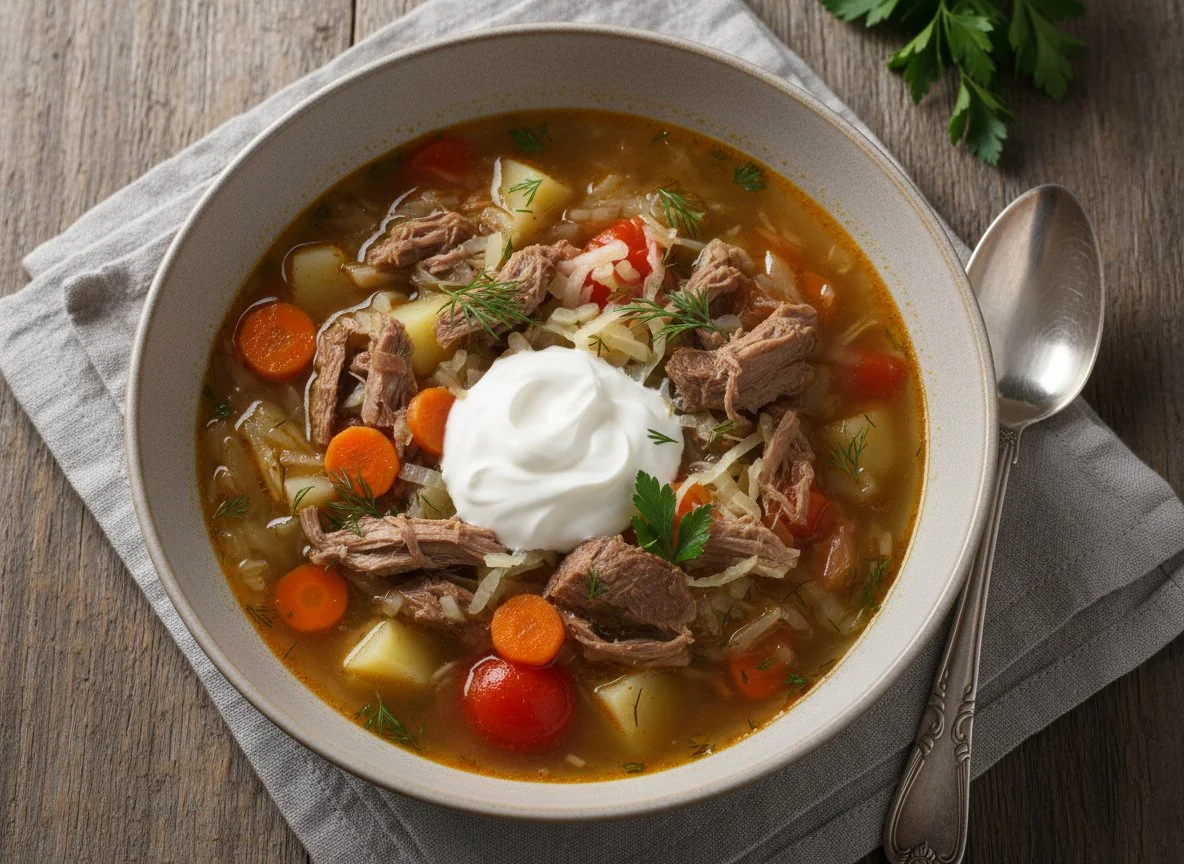 Щи с мясом и сметаной photo